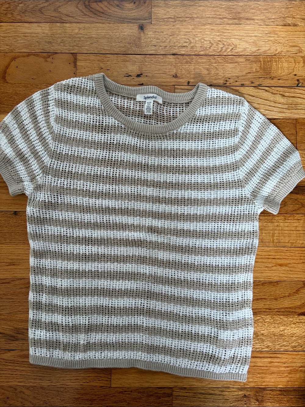 Splendid Cream and Taupe Striped Open-Knit Short Sleeve Sweater